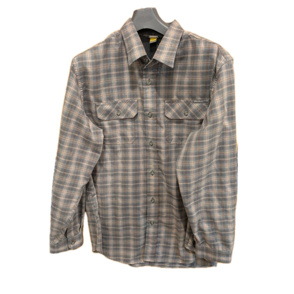 Eddie Bauer Fishing ‎ Shirt Mens Gray  Plaid Outdoor Polyester